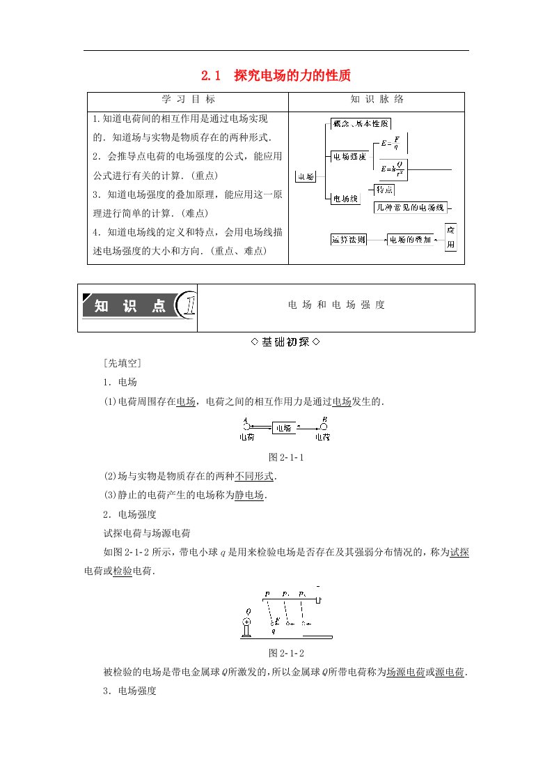 2017_2018学年第2章电场与示波器21探究电场的力的性质学案沪科版选