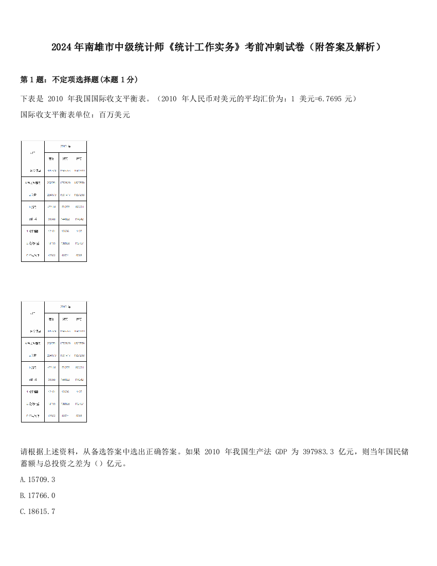 2024年南雄市中级统计师《统计工作实务》考前冲刺试卷（附答案及解析）