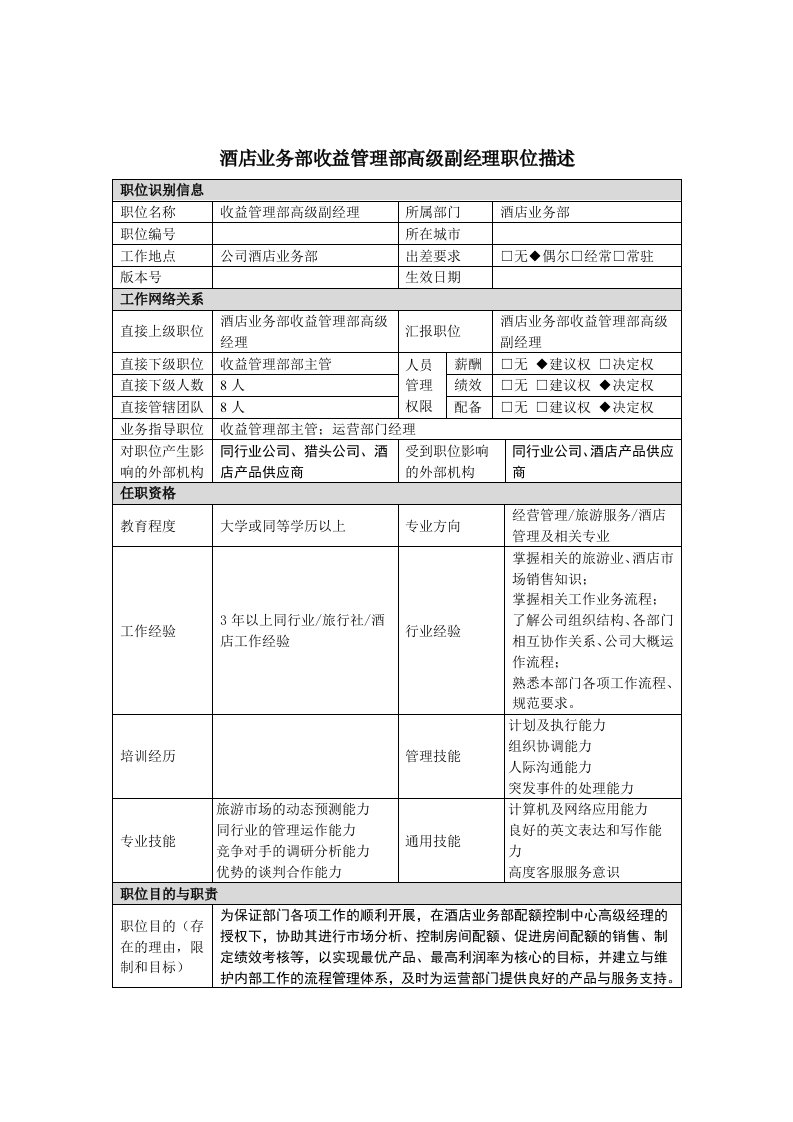 收益管理部高级副经理岗位职责