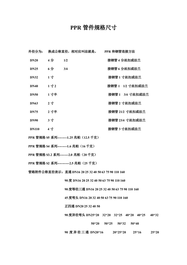 PPR管件规格尺寸样本