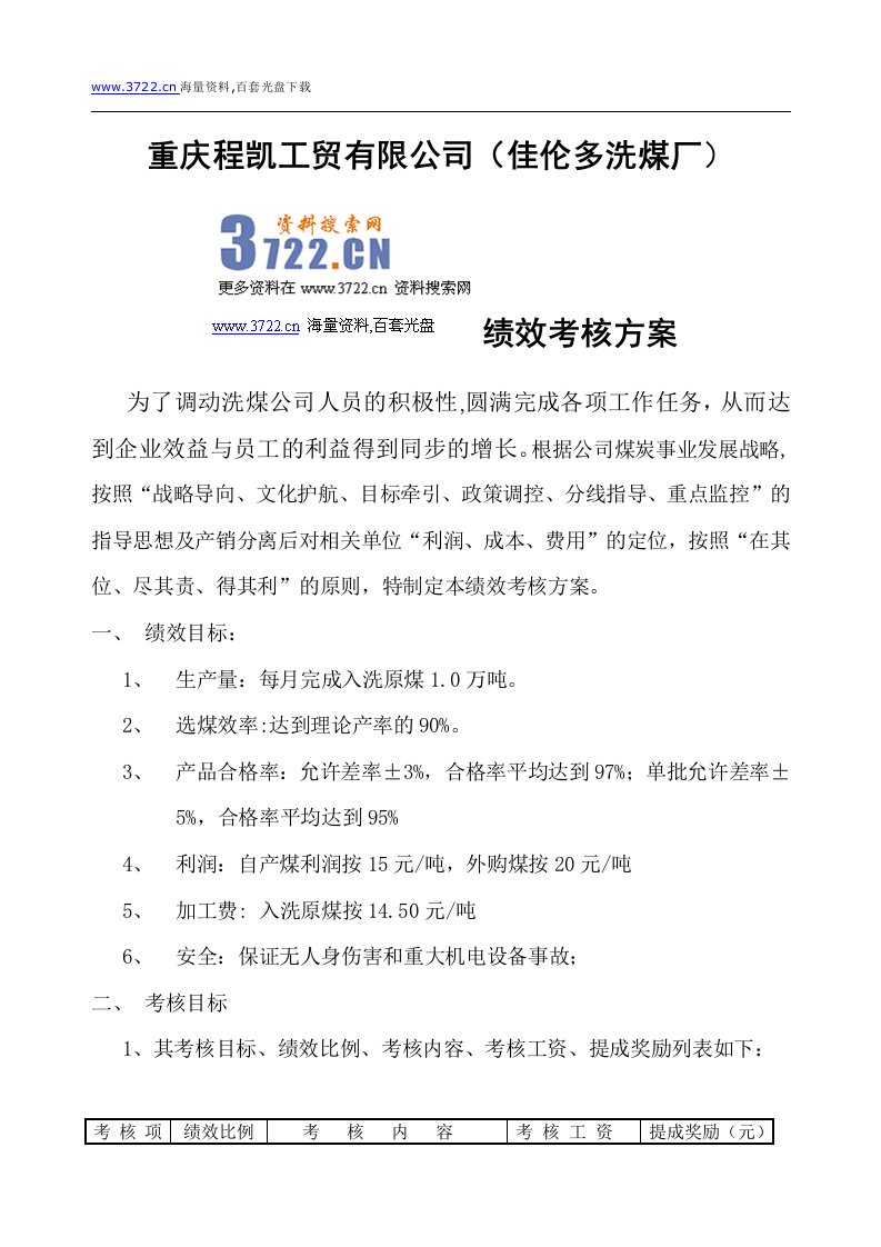 程凯工贸公司佳伦多洗煤厂绩效考核方案