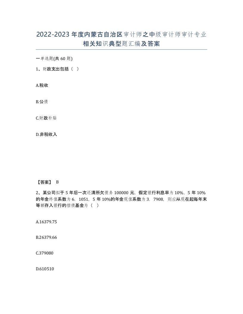 2022-2023年度内蒙古自治区审计师之中级审计师审计专业相关知识典型题汇编及答案