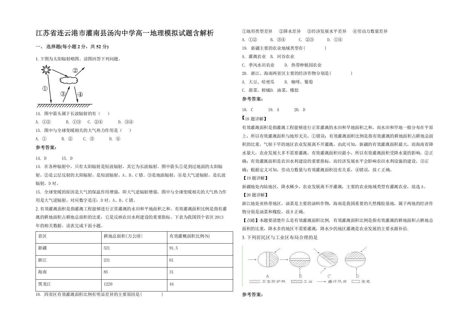 江苏省连云港市灌南县汤沟中学高一地理模拟试题含解析