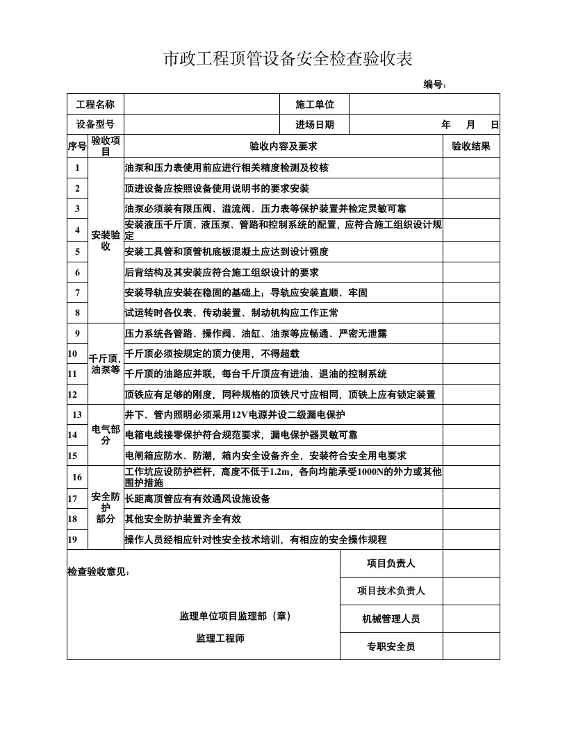 市政工程顶管设备安全检查验收表