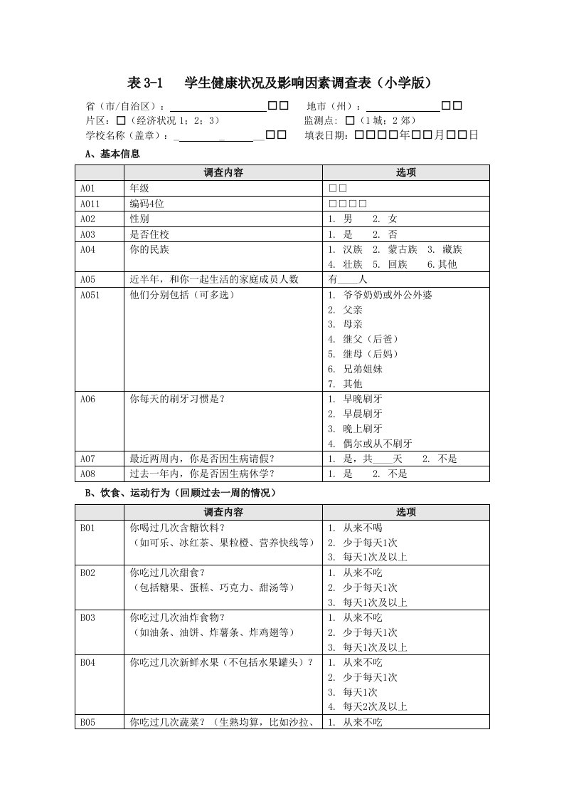 学生健康状况及影响因素调查表