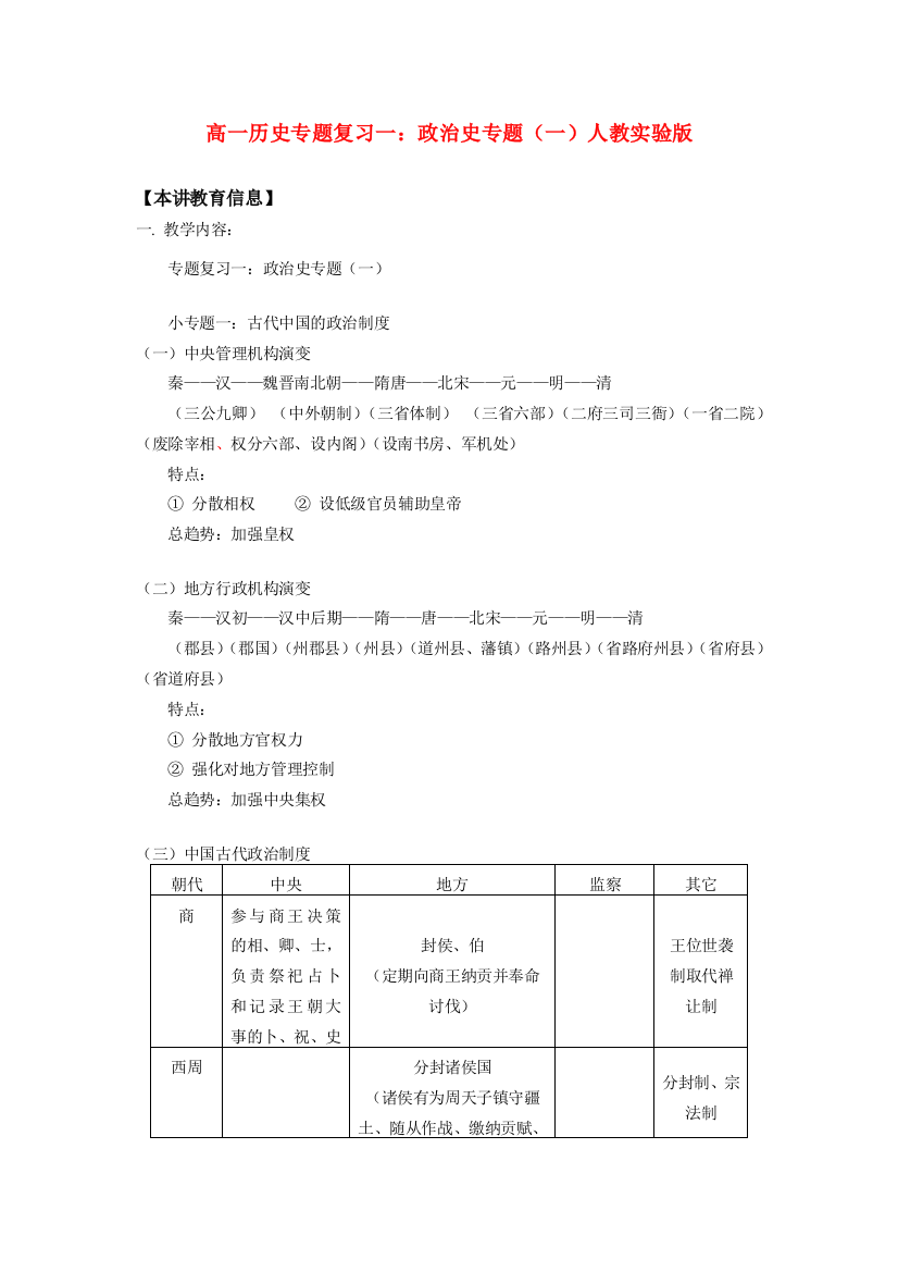 高一历史专题复习一：政治史专题（一）人教实验版