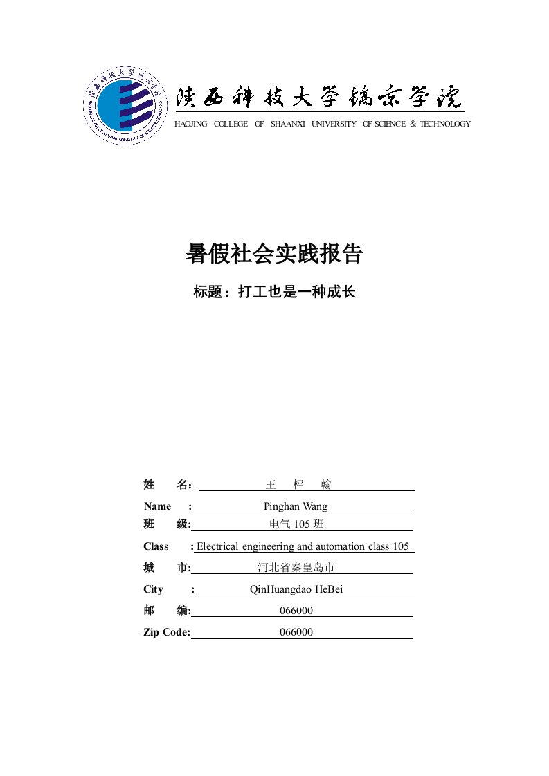 陕西科技大学镐京学院社会实践报告