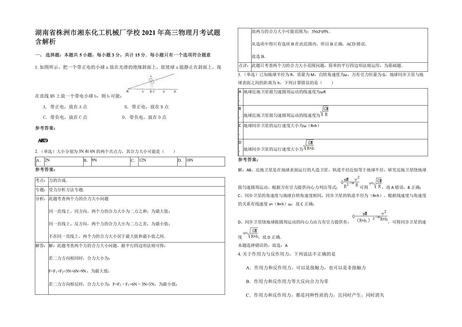 湖南省株洲市湘东化工机械厂学校2021年高三物理月考试题含解析