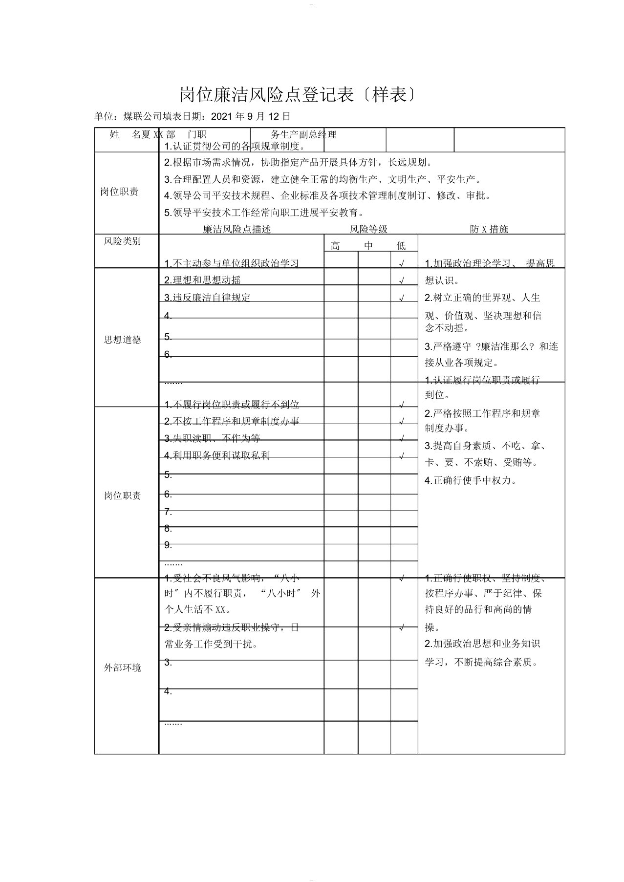 岗位廉洁风险点登记表