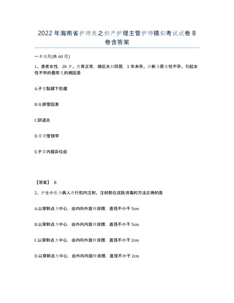 2022年海南省护师类之妇产护理主管护师模拟考试试卷B卷含答案