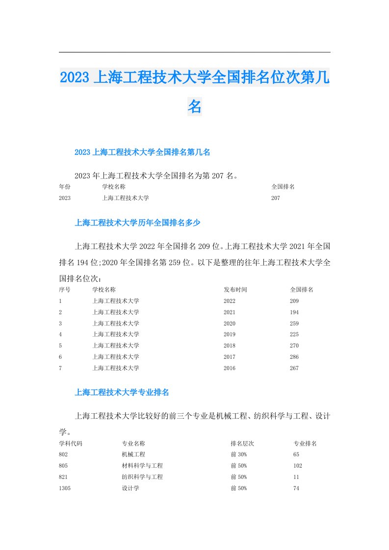 上海工程技术大学全国排名位次第几名