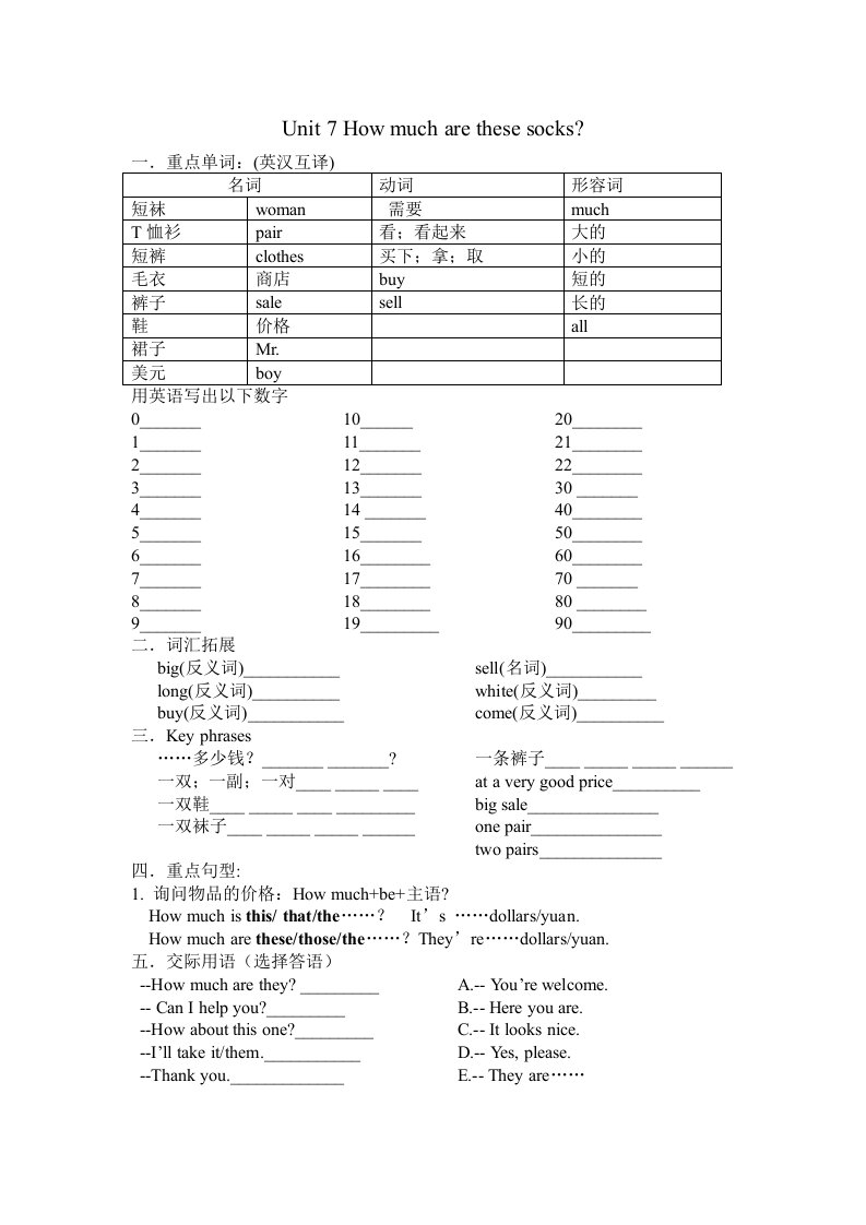 七年级英语上册unit7复习笔记