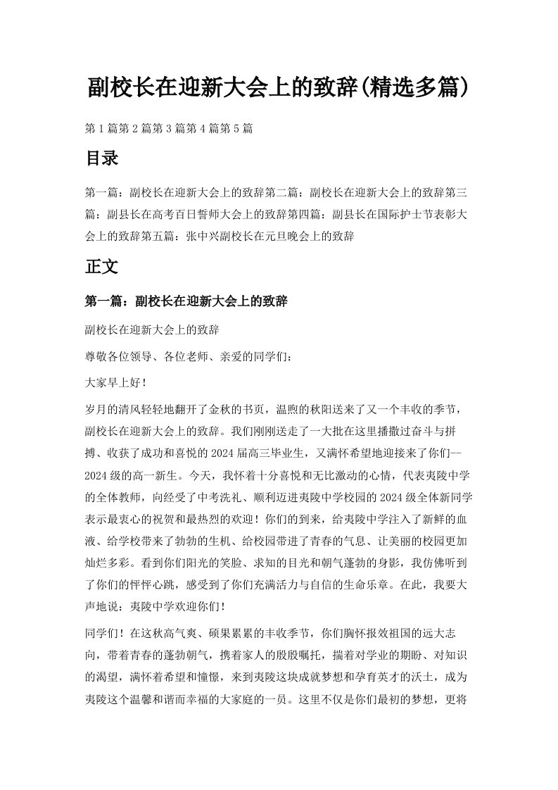 副校长在迎新大会上的致辞精选多篇