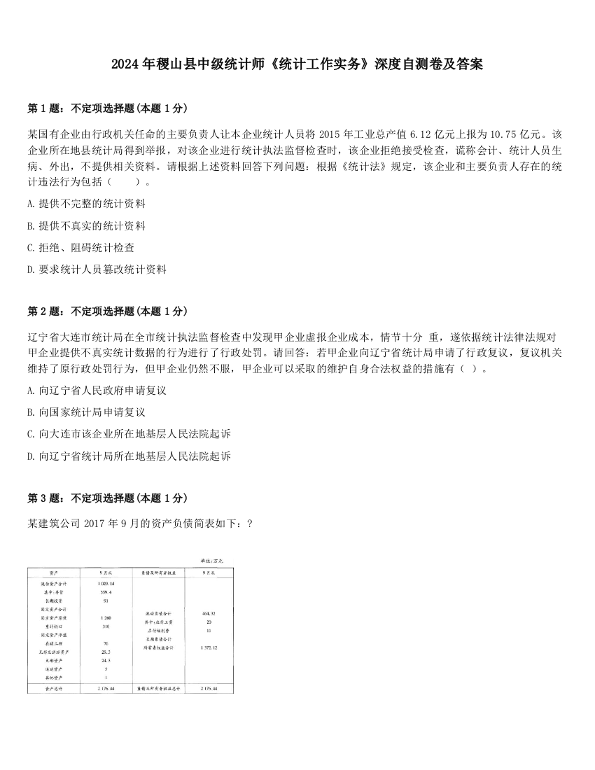 2024年稷山县中级统计师《统计工作实务》深度自测卷及答案