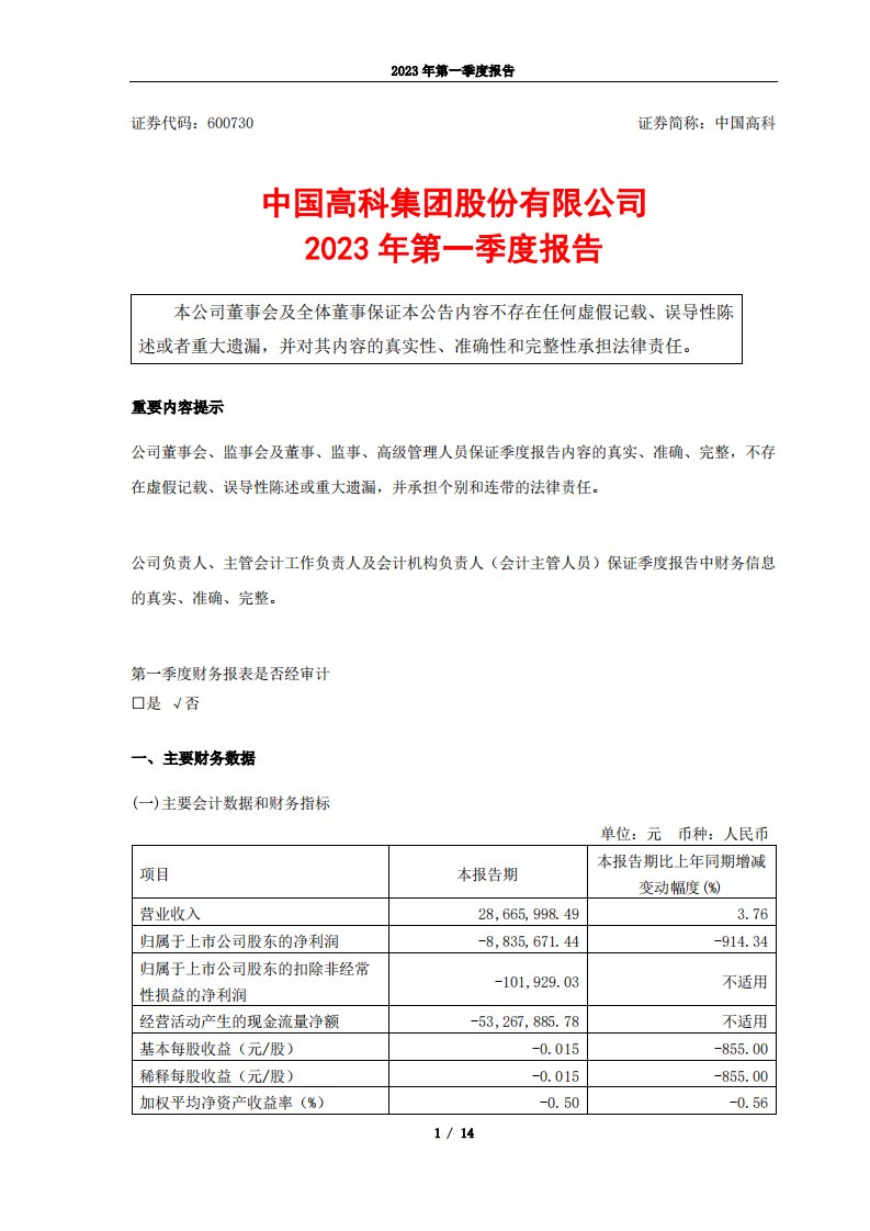 上交所-中国高科2023年第一季度报告-20230425