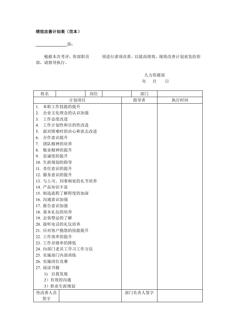 绩效改善计划表（范本）