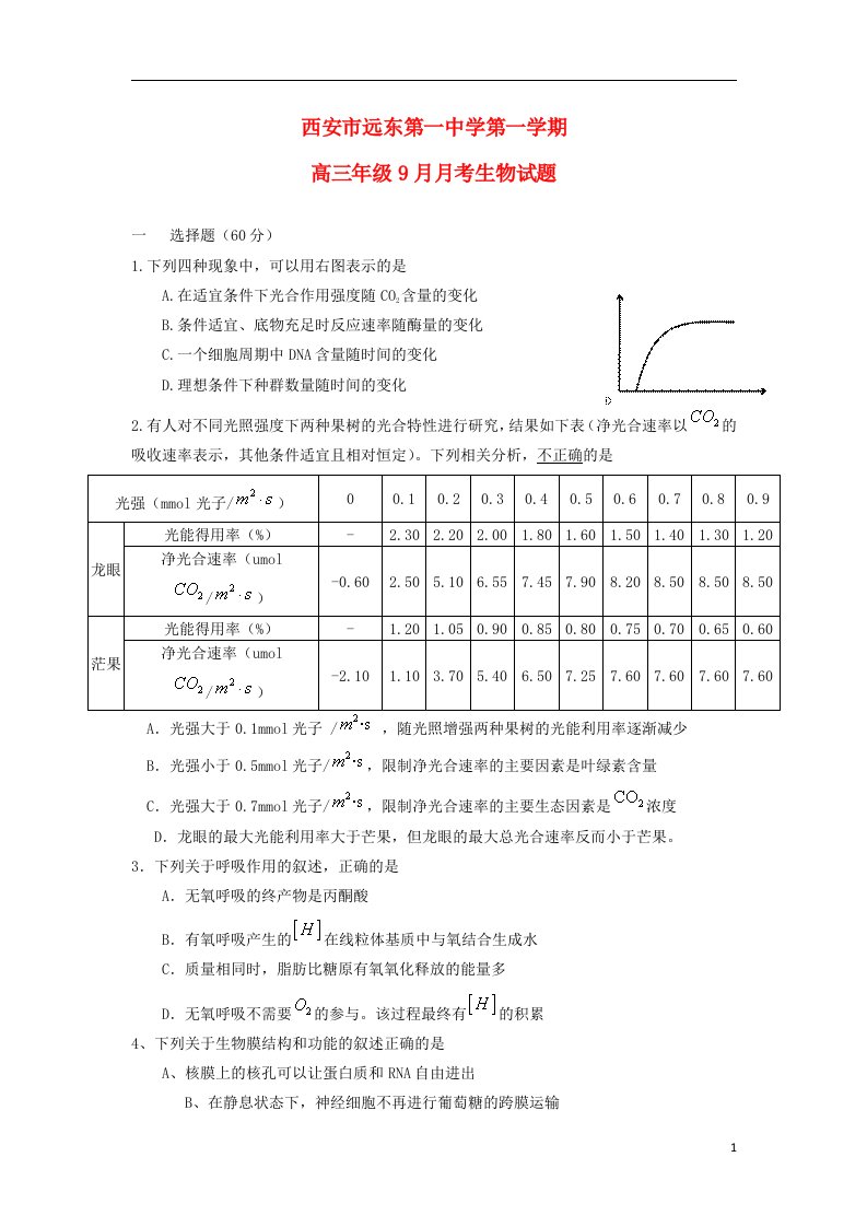 陕西省西安市远东第一中学高三生物上学期9月月考试题新人教版