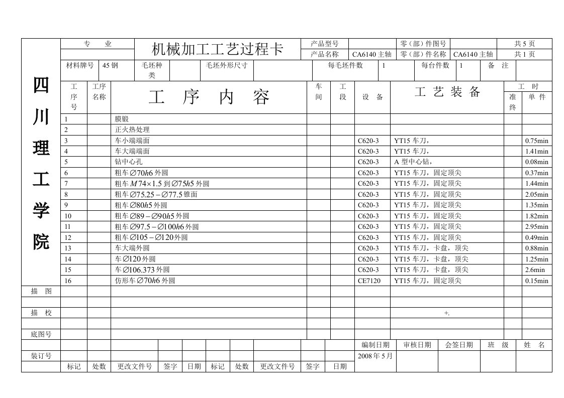 CA6140主轴加工工艺及夹具设计工艺过程卡