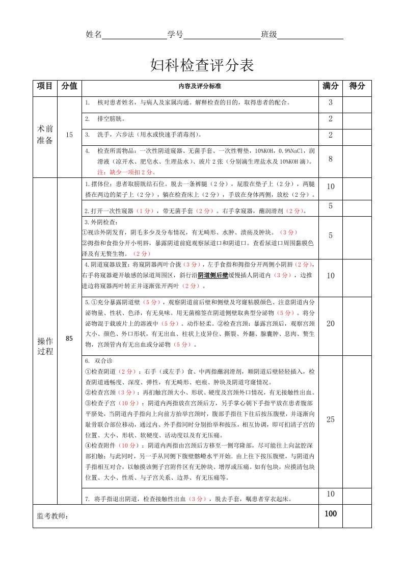 妇科检查评分表