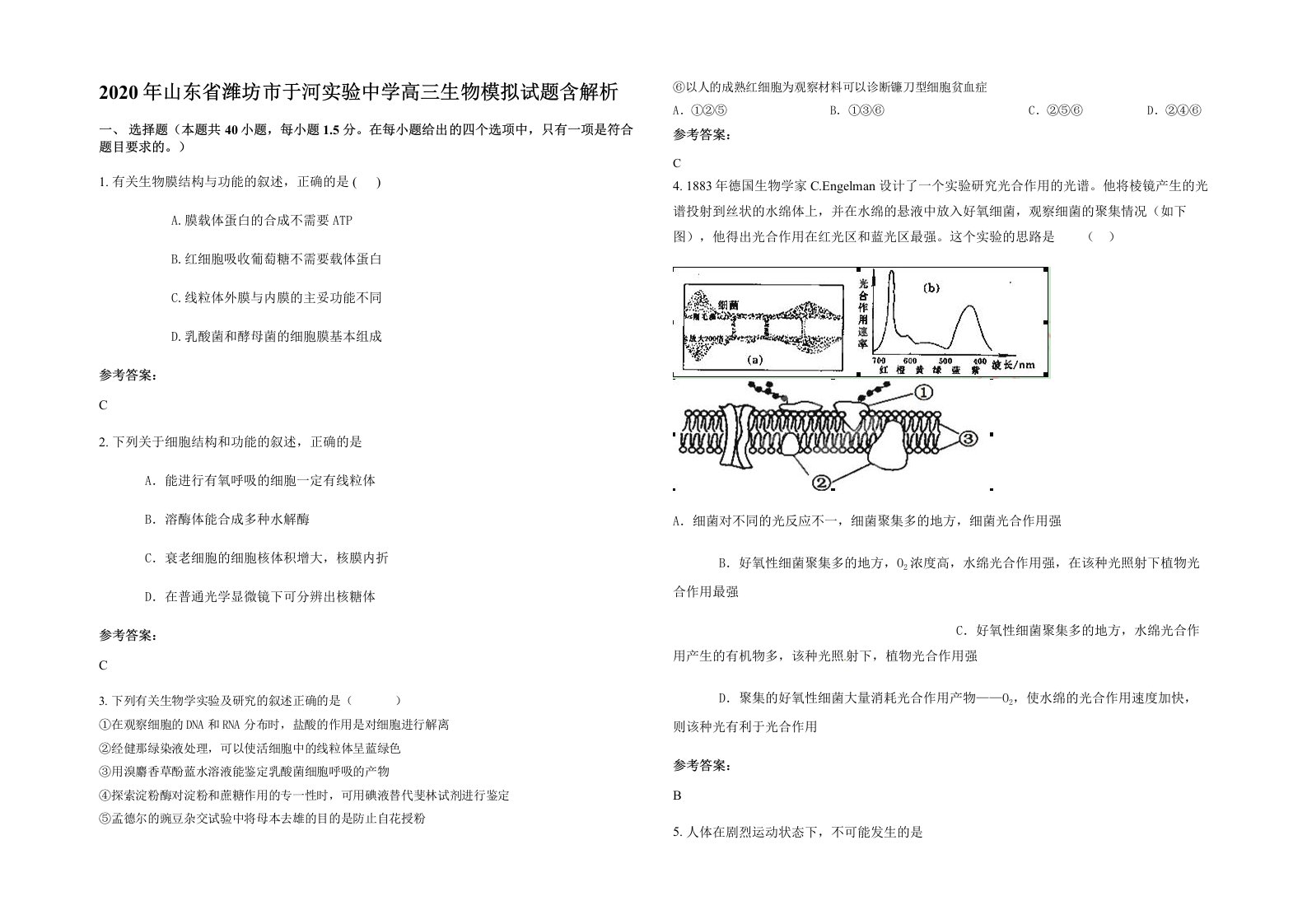 2020年山东省潍坊市于河实验中学高三生物模拟试题含解析