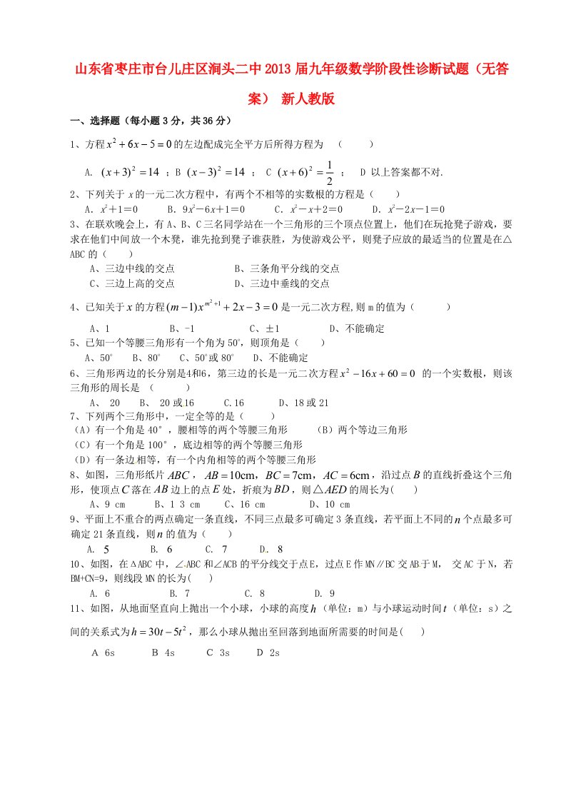 山东省枣庄市台儿庄区涧头二中2013届九年级数学阶段性诊断试题（无答案）