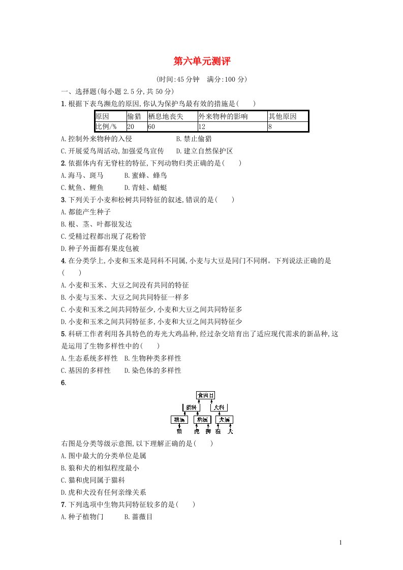 2023八年级生物上册第六单元生物的多样性及其保护测评新版新人教版