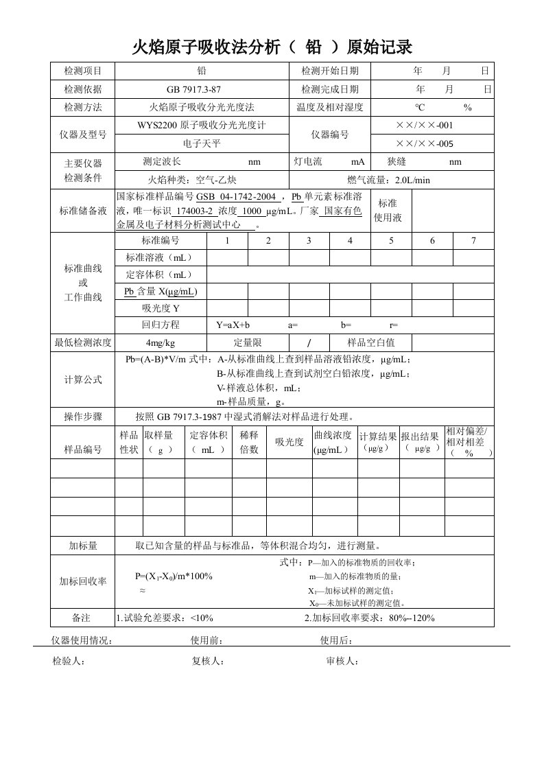 火焰原子吸收法分析（铅）原始记录