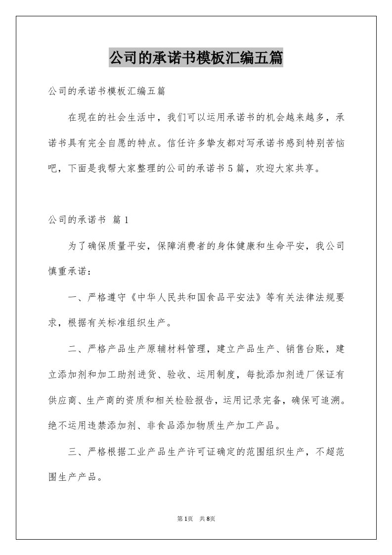 公司的承诺书模板汇编五篇