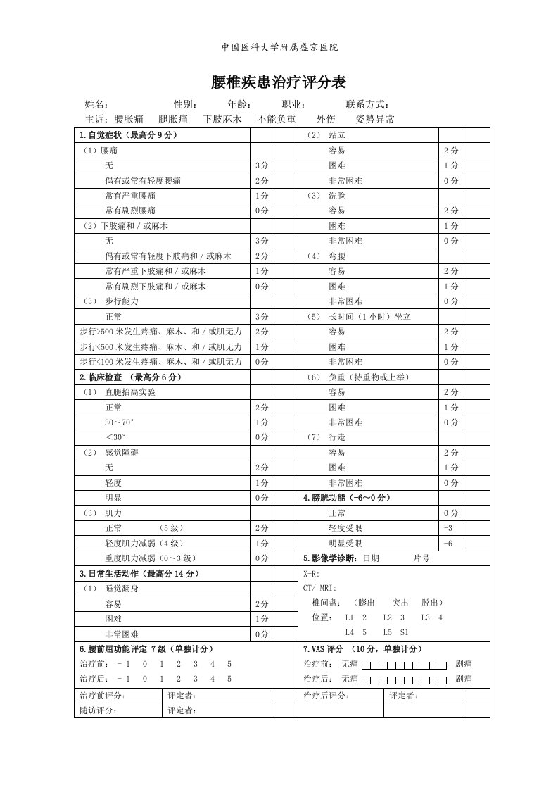 腰椎疾患治疗评分表