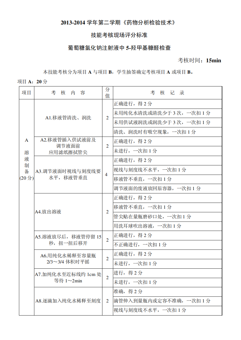 葡萄糖氯化钠注射液-技能考试—现场评分标准-学生140321