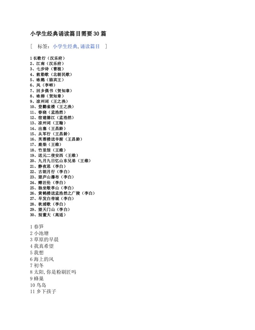 小学生经典诵读篇目需要30篇