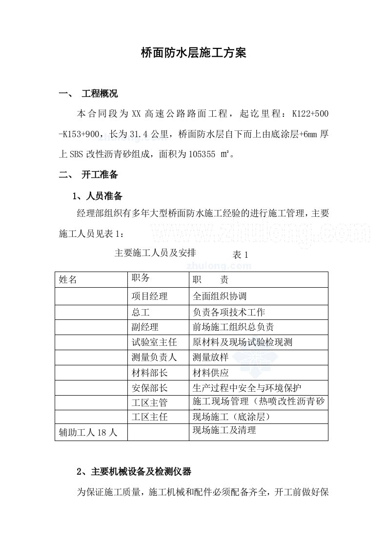 方案桥面防水层施工方案（SBS改性沥青）