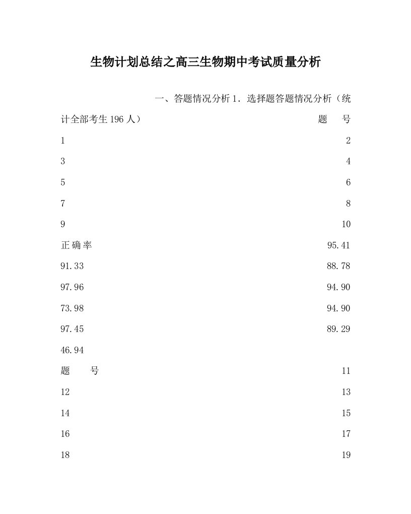 生物计划总结之高三生物期中考试质量分析WORD版