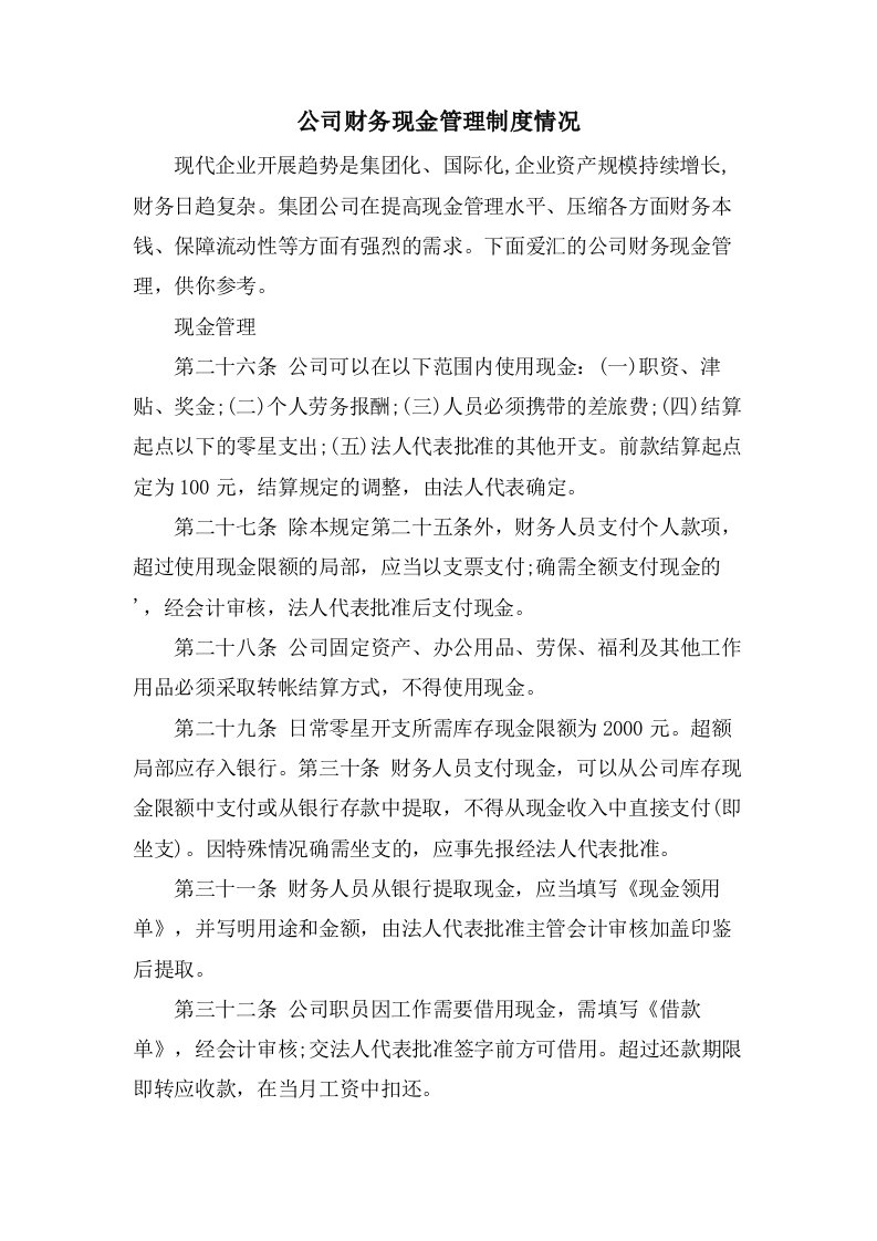 公司财务现金管理制度情况