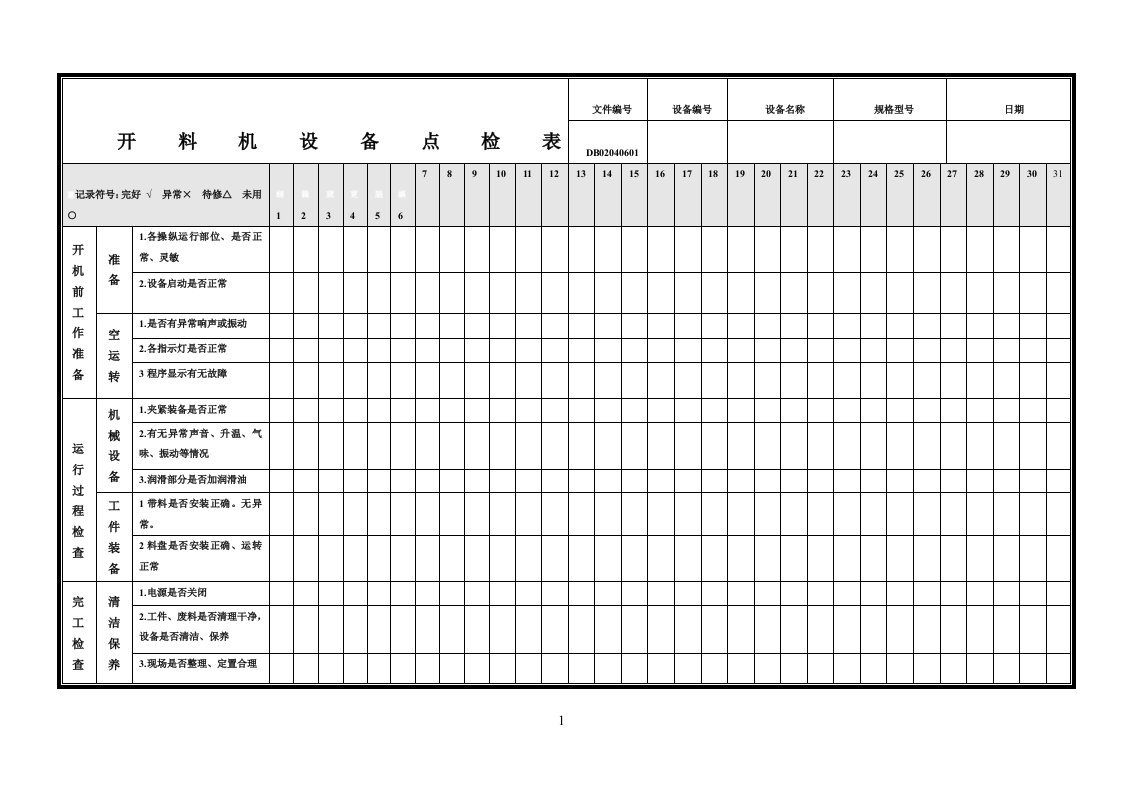 开料机设备点检表