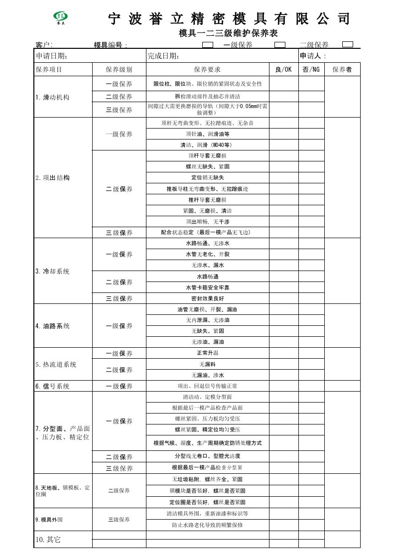 模具一二级三级维护保养表