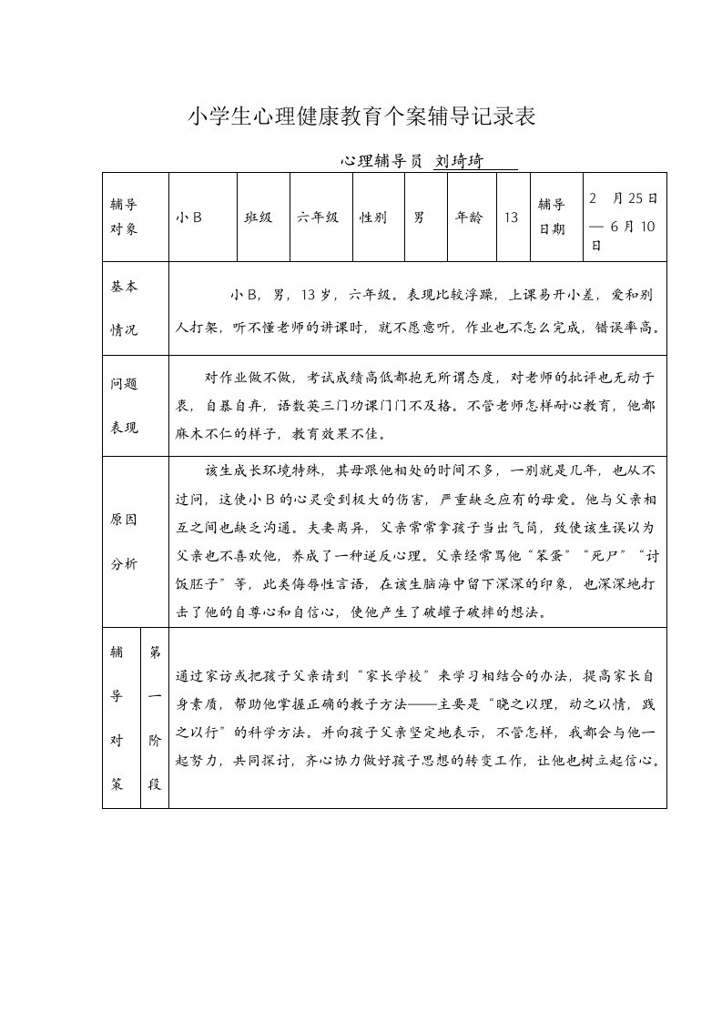 小学生心理健康教育个案辅导记录表