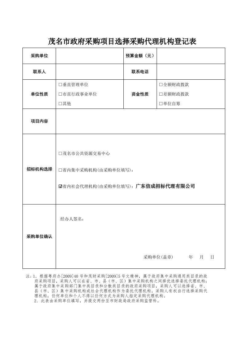 茂名市政府采购项目选择采购代理机构登记表