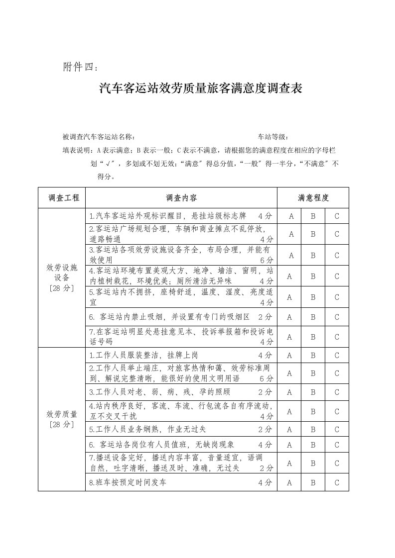 汽车客运站服务质量旅客满意度调查表