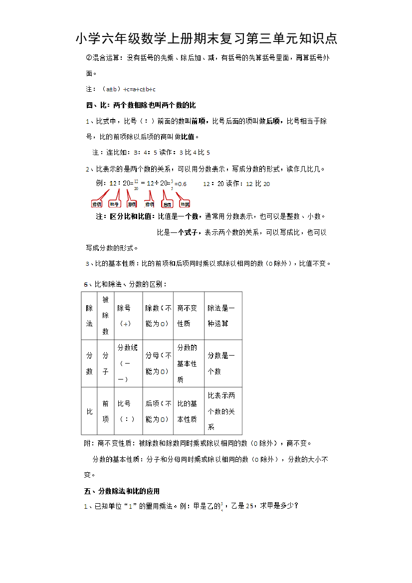 小学六年级数学上册期末复习第三单元知识点