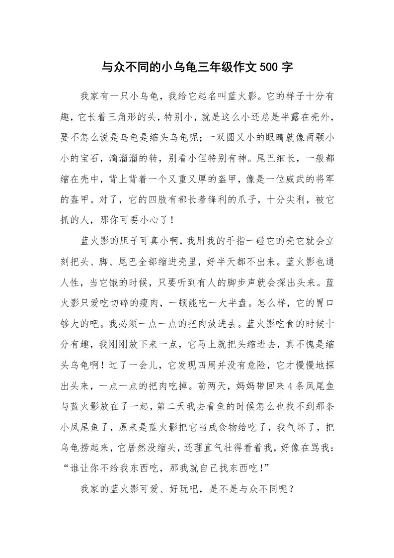 与众不同的小乌龟三年级作文500字