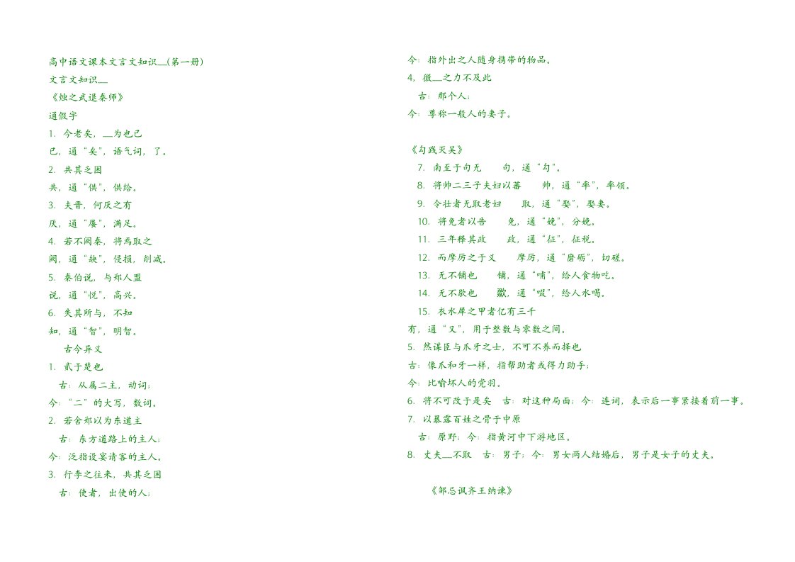 高中语文课本文言文知识梳理