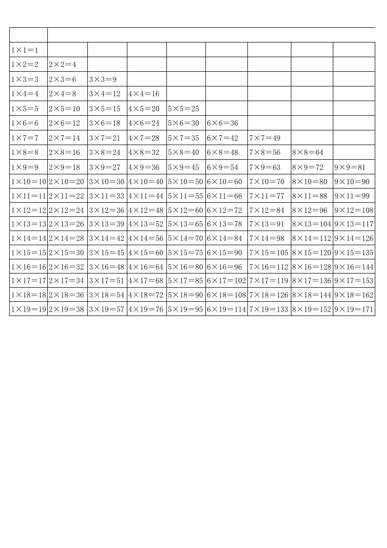 大九九乘法口诀表(可打印)