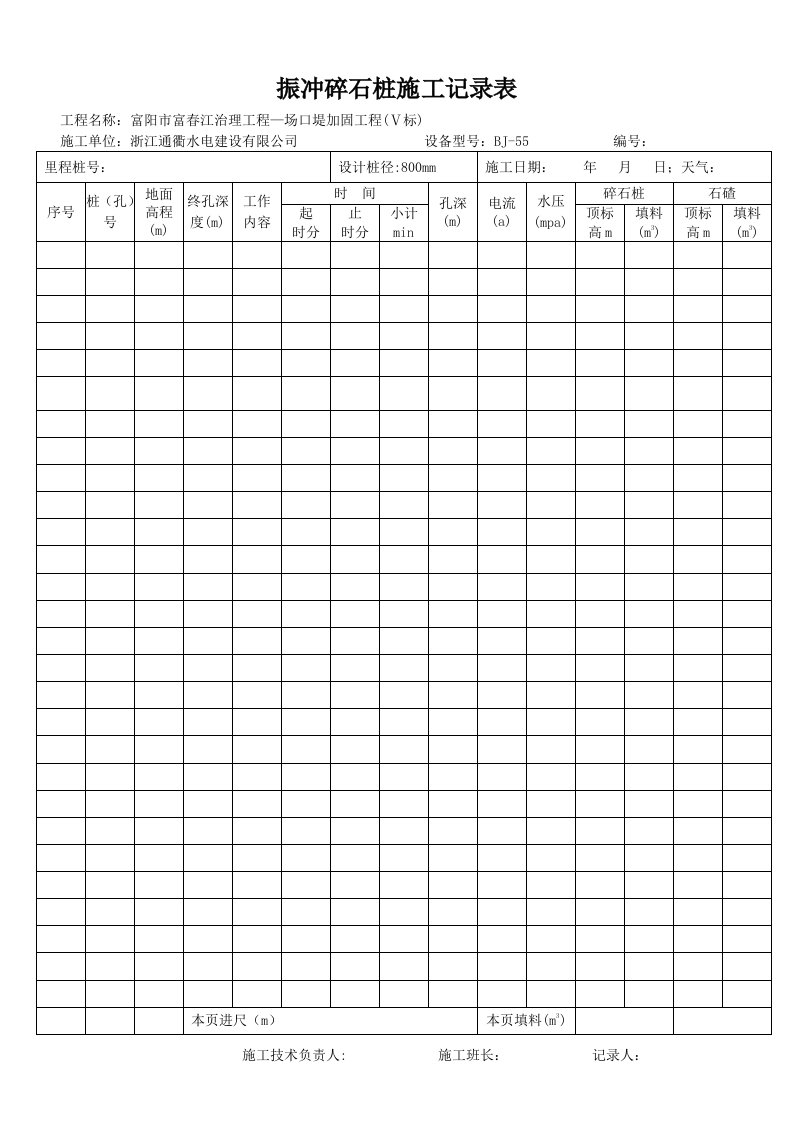振冲碎石桩施工记录表