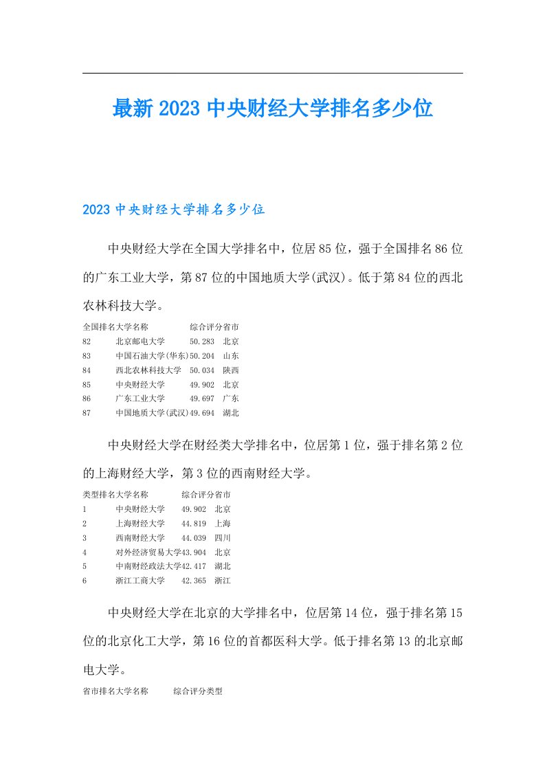 最新2023中央财经大学排名多少位