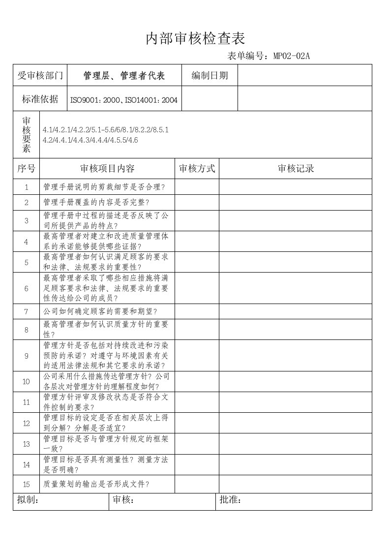 aab_内部审核检查表-管理层、管理者代表(doc