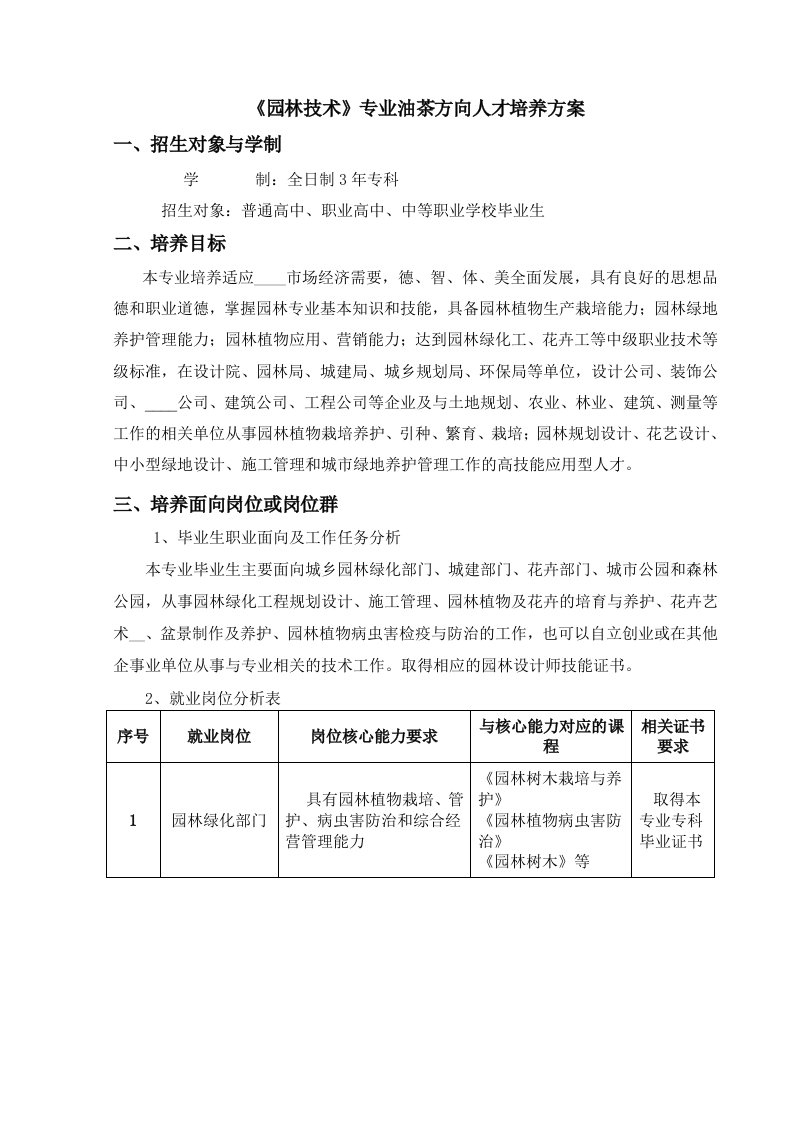 园林技术专业油茶方向人才培养方案