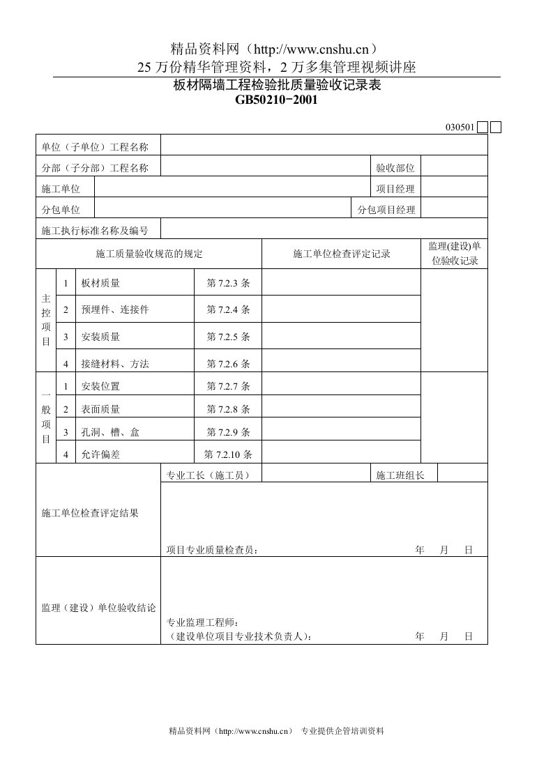 板材隔墙工程检验批质量验收记录表