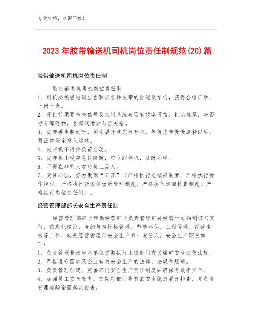 2023年胶带输送机司机岗位责任制规范(20)篇