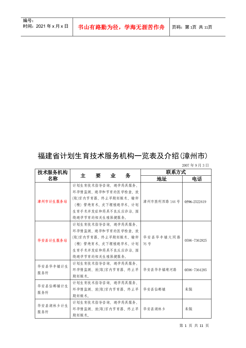 福建省计划生育技术服务机构一览表及介绍